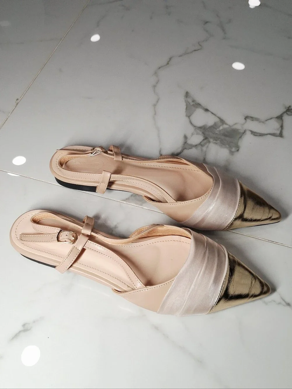 Cuccoo Beige Gold Faux Leather Satin Mesh Ballet Flats Sling Back Pointed Toe 9